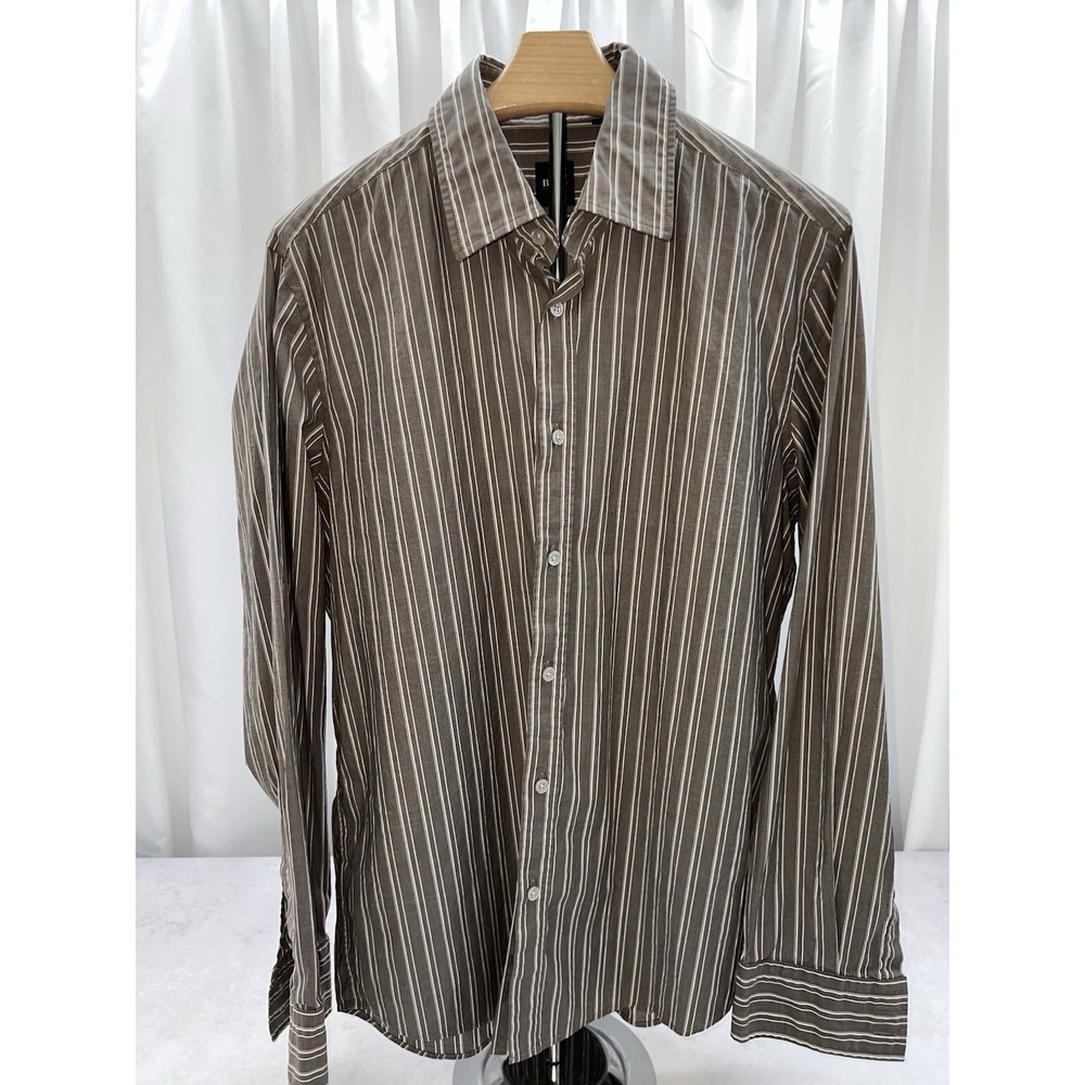 Men's Hugo Boss Lex Shirt  Brown Gray Striped Black Label Size L‎